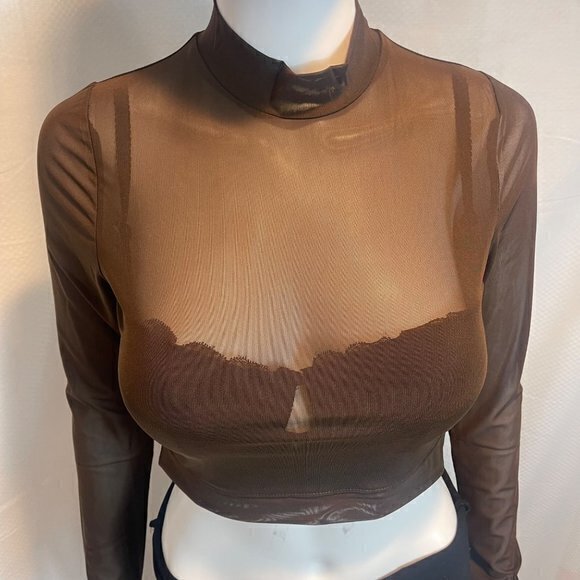 Bozzolo See Right Through You Mesh Long Sleeve Crop Top Brown Size L RefFNB3 - Picture 6 of 7